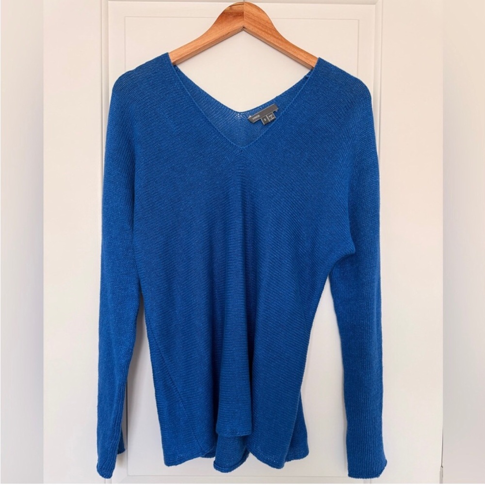 Vince V-Neck Royal Blue Linen Sweater Relaxed  Knit Chic S
